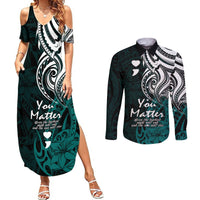 Your Matter Suicide Prevention Couples Matching Summer Maxi Dress and Long Sleeve Button Shirts Turqoise Polynesian Tribal LT9 Turquoise - Polynesian Pride