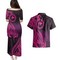 Papua New Guinea Island Couples Matching Puletasi Dress and Hawaiian Shirt Bird of Paradise with Pink Polynesian Tribal LT9 - Polynesian Pride