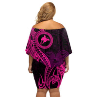 Papua New Guinea Island Off Shoulder Short Dress Bird of Paradise with Pink Polynesian Tribal LT9 - Polynesian Pride