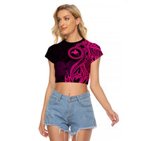Papua New Guinea Island Raglan Cropped T Shirt Bird of Paradise with Pink Polynesian Tribal LT9 Female Pink - Polynesian Pride