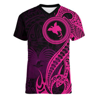 Papua New Guinea Island Women V Neck T Shirt Bird of Paradise with Pink Polynesian Tribal LT9 Female Pink - Polynesian Pride