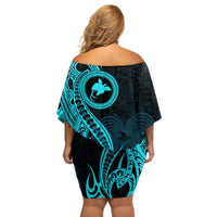 Papua New Guinea Island Off Shoulder Short Dress Bird of Paradise with Aqua Polynesian Tribal LT9 - Polynesian Pride
