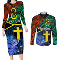 Tafea Day Couples Matching Long Sleeve Bodycon Dress and Long Sleeve Button Shirts Vanuatu Sand Drawing With Polynesian Pattern LT9 Blue - Polynesian Pride