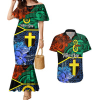Tafea Day Couples Matching Mermaid Dress and Hawaiian Shirt Vanuatu Sand Drawing With Polynesian Pattern LT9 Blue - Polynesian Pride