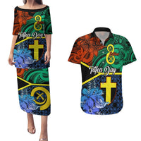 Tafea Day Couples Matching Puletasi Dress and Hawaiian Shirt Vanuatu Sand Drawing With Polynesian Pattern LT9 Blue - Polynesian Pride