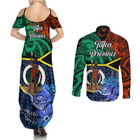 Tafea Day Couples Matching Summer Maxi Dress and Long Sleeve Button Shirts Vanuatu Sand Drawing With Polynesian Pattern LT9 - Polynesian Pride