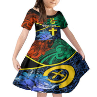 Tafea Day Family Matching Short Sleeve Bodycon Dress and Hawaiian Shirt Vanuatu Sand Drawing With Polynesian Pattern LT9 Daughter's Dress Blue - Polynesian Pride