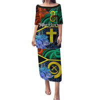 Tafea Day Puletasi Vanuatu Sand Drawing With Polynesian Pattern LT9 Long Dress Blue - Polynesian Pride
