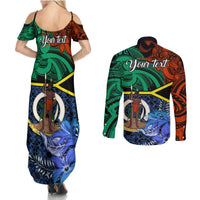 Personalised Tafea Day Couples Matching Summer Maxi Dress and Long Sleeve Button Shirts Vanuatu Sand Drawing With Polynesian Pattern LT9 - Polynesian Pride