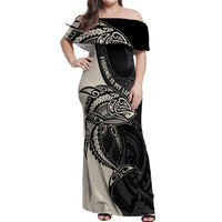 Personalised Polynesia Fishing Off Shoulder Maxi Dress With Maori Hei Matau Fish Hook Gold Art LT9 Women Gold - Polynesian Pride