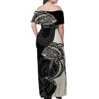 Personalised Polynesia Fishing Off Shoulder Maxi Dress With Maori Hei Matau Fish Hook Gold Art LT9 - Polynesian Pride