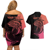 Personalised Polynesia Fishing Couples Matching Off Shoulder Short Dress and Hawaiian Shirt With Maori Hei Matau Fish Hook Pink Art LT9 - Polynesian Pride