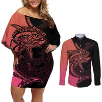 Personalised Polynesia Fishing Couples Matching Off Shoulder Short Dress and Long Sleeve Button Shirts With Maori Hei Matau Fish Hook Pink Art LT9 Pink - Polynesian Pride