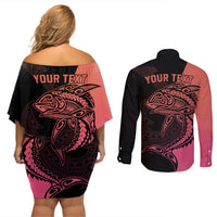 Personalised Polynesia Fishing Couples Matching Off Shoulder Short Dress and Long Sleeve Button Shirts With Maori Hei Matau Fish Hook Pink Art LT9 - Polynesian Pride