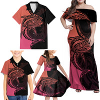personalised-polynesia-fishing-family-matching-off-shoulder-maxi-dress-and-hawaiian-shirt-with-maori-hei-matau-fish-hook-pink-art