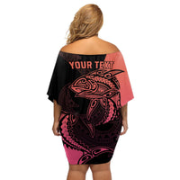 Personalised Polynesia Fishing Off Shoulder Short Dress With Maori Hei Matau Fish Hook Pink Art LT9 - Polynesian Pride