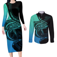 personalised-polynesia-fishing-couples-matching-long-sleeve-bodycon-dress-and-long-sleeve-button-shirts-with-maori-hei-matau-fish-hook-turquoise-art