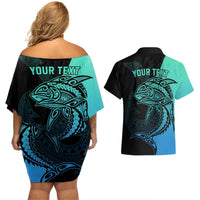 Personalised Polynesia Fishing Couples Matching Off Shoulder Short Dress and Hawaiian Shirt With Maori Hei Matau Fish Hook Turquoise Art LT9 - Polynesian Pride