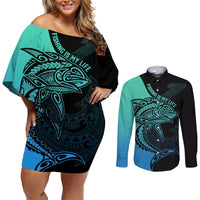 Personalised Polynesia Fishing Couples Matching Off Shoulder Short Dress and Long Sleeve Button Shirts With Maori Hei Matau Fish Hook Turquoise Art LT9 Turquoise - Polynesian Pride