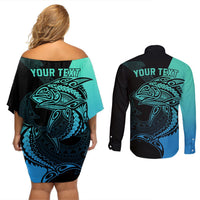 Personalised Polynesia Fishing Couples Matching Off Shoulder Short Dress and Long Sleeve Button Shirts With Maori Hei Matau Fish Hook Turquoise Art LT9 - Polynesian Pride