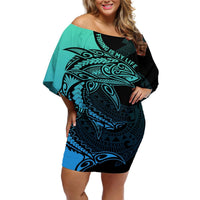 Personalised Polynesia Fishing Off Shoulder Short Dress With Maori Hei Matau Fish Hook Turquoise Art LT9 Women Turquoise - Polynesian Pride