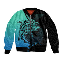 Personalised Polynesia Fishing Sleeve Zip Bomber Jacket With Maori Hei Matau Fish Hook Turquoise Art LT9 Unisex Turquoise - Polynesian Pride