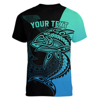 personalised-polynesia-fishing-women-v-neck-t-shirt-with-maori-hei-matau-fish-hook-turquoise-art