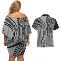 Samoa Siapo Arty Couples Matching Off Shoulder Short Dress and Hawaiian Shirt Black Style LT9 - Polynesian Pride