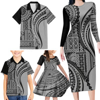 Samoa Siapo Arty Family Matching Long Sleeve Bodycon Dress and Hawaiian Shirt Black Style LT9 - Polynesian Pride