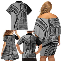 Samoa Siapo Arty Family Matching Off Shoulder Short Dress and Hawaiian Shirt Black Style LT9 - Polynesian Pride