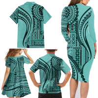 Samoa Siapo Arty Family Matching Long Sleeve Bodycon Dress and Hawaiian Shirt Turquoise Style LT9 - Polynesian Pride