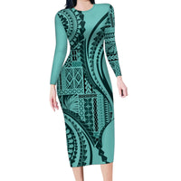 Samoa Siapo Arty Family Matching Long Sleeve Bodycon Dress and Hawaiian Shirt Turquoise Style LT9 Mom's Dress Turquoise - Polynesian Pride