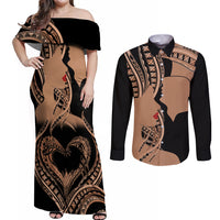 Personalised Valentines Day Romantic Lovers Couples Matching Off Shoulder Maxi Dress and Long Sleeve Button Shirt LT9 Gold - Polynesian Pride