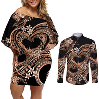 Polynesia Valentines Day Forever In My Heart Tattoo Couples Matching Off Shoulder Short Dress and Long Sleeve Button Shirt Gold Style LT9 Gold - Polynesian Pride