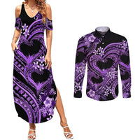 Polynesia Valentines Day Forever In My Heart Tattoo Couples Matching Summer Maxi Dress and Long Sleeve Button Shirt Purple Style LT9 Purple - Polynesian Pride