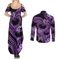 Polynesia Valentines Day Forever In My Heart Tattoo Couples Matching Summer Maxi Dress and Long Sleeve Button Shirt Purple Style LT9 - Polynesian Pride