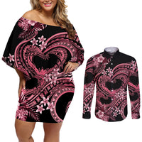 Polynesia Valentines Day Forever In My Heart Tattoo Couples Matching Off Shoulder Short Dress and Long Sleeve Button Shirt Pink Style LT9 Pink - Polynesian Pride