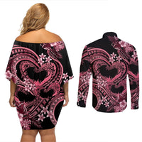 Polynesia Valentines Day Forever In My Heart Tattoo Couples Matching Off Shoulder Short Dress and Long Sleeve Button Shirt Pink Style LT9 - Polynesian Pride
