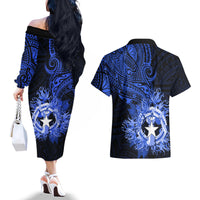 Northern Mariana Islands Ylang-ylang Mwarmwar Couples Matching Off The Shoulder Long Sleeve Dress and Hawaiian Shirt Polynesian Blue Style LT9 - Polynesian Pride