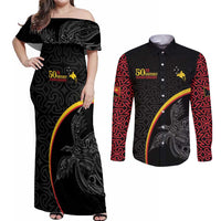 Papua New Guinea 50th Independence Day Couples Matching Off Shoulder Maxi Dress and Long Sleeve Button Shirt Simple Oro Tapa Pattern LT9 Black - Polynesian Pride