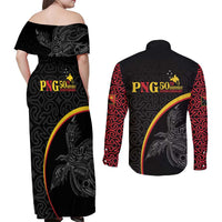 Papua New Guinea 50th Independence Day Couples Matching Off Shoulder Maxi Dress and Long Sleeve Button Shirt Simple Oro Tapa Pattern LT9 - Polynesian Pride
