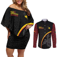 Papua New Guinea 50th Independence Day Couples Matching Off Shoulder Short Dress and Long Sleeve Button Shirt Simple Oro Tapa Pattern LT9 Black - Polynesian Pride