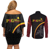 Papua New Guinea 50th Independence Day Couples Matching Off Shoulder Short Dress and Long Sleeve Button Shirt Simple Oro Tapa Pattern LT9 - Polynesian Pride