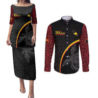 Papua New Guinea 50th Independence Day Couples Matching Puletasi and Long Sleeve Button Shirt Simple Oro Tapa Pattern LT9 Black - Polynesian Pride
