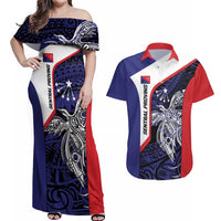 Personalised PNG Central Province Couples Matching Off Shoulder Maxi Dress and Hawaiian Shirt Bird of Paradise Tattoo Flag Motif - Polynesian Pride