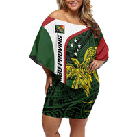 Personalised PNG Chimbu Province Family Matching Off Shoulder Short Dress and Hawaiian Shirt Bird of Paradise Tattoo Flag Motif - Polynesian Pride