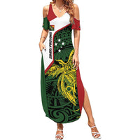 Personalised PNG Chimbu Province Family Matching Summer Maxi Dress and Hawaiian Shirt Bird of Paradise Tattoo Flag Motif - Polynesian Pride