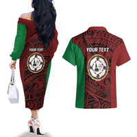 Personalised PNG East New Britain Province Couples Matching Off The Shoulder Long Sleeve Dress and Hawaiian Shirt Bird of Paradise Tattoo Flag Motif - Polynesian Pride