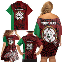 Personalised PNG East New Britain Province Family Matching Off Shoulder Short Dress and Hawaiian Shirt Bird of Paradise Tattoo Flag Motif - Polynesian Pride