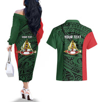 Personalised PNG East Sepik Province Couples Matching Off The Shoulder Long Sleeve Dress and Hawaiian Shirt Bird of Paradise Tattoo Flag Motif - Polynesian Pride